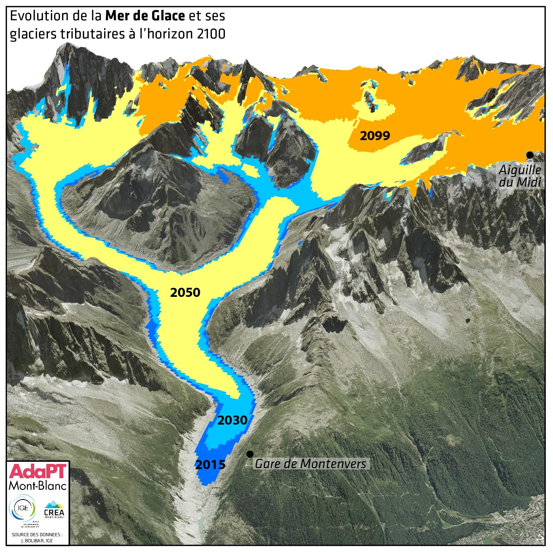 Evolution de la Mer de Glace et ses glaciers tributaires à l'horizon 2100